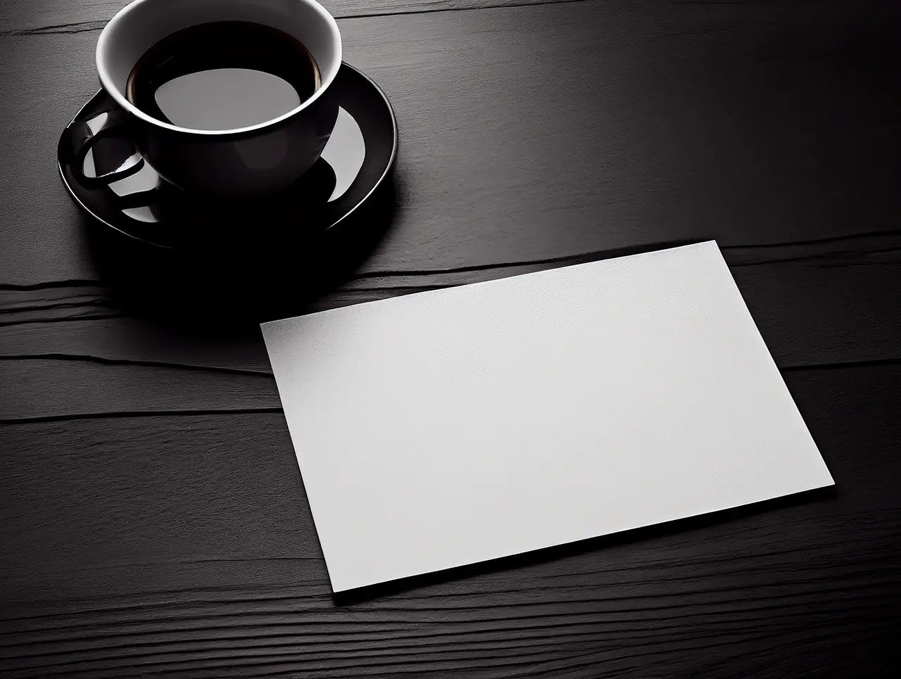 A black coffee cup beside a blank card on a dark wooden table