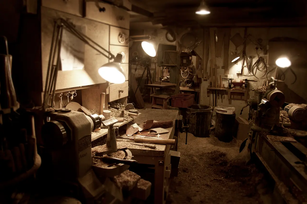 A dim, lamp-lit carpentry workshop full of tools